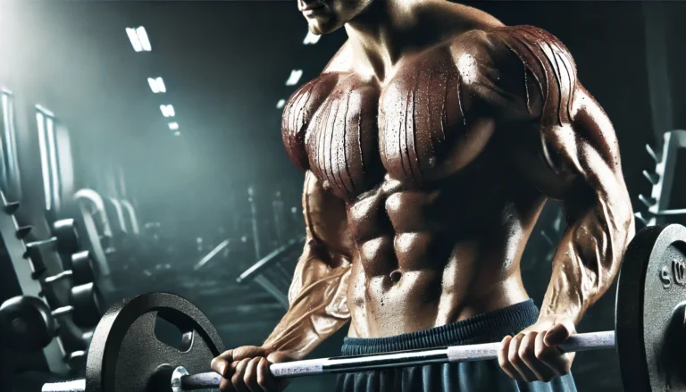 "A muscular athlete lifting weights in a gym, highlighting muscle definition and endurance for peak performance and recovery."