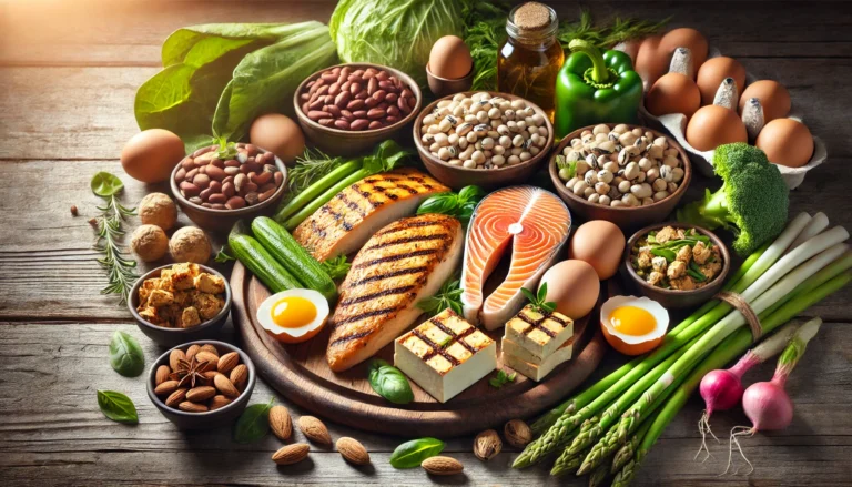 "A variety of lean protein sources, including grilled chicken breast, salmon, eggs, tofu, and legumes, arranged on a rustic wooden table with fresh greens and nuts, highlighting high-protein foods for muscle growth and fat loss."