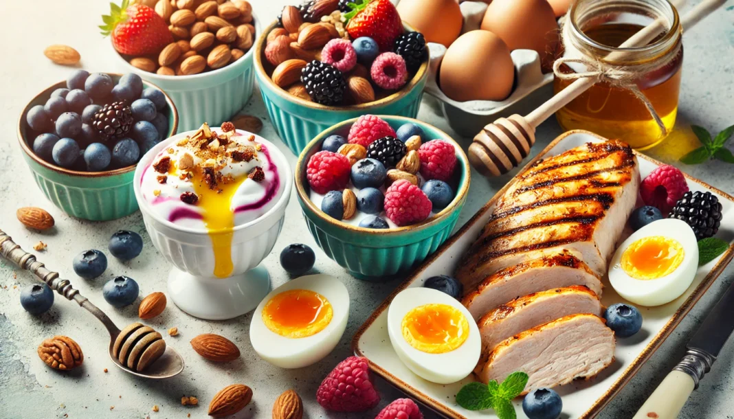 A vibrant assortment of recovery foods, including grilled chicken breast, boiled eggs, mixed berries, and Greek yogurt with honey and nuts, presented in bright natural lighting.