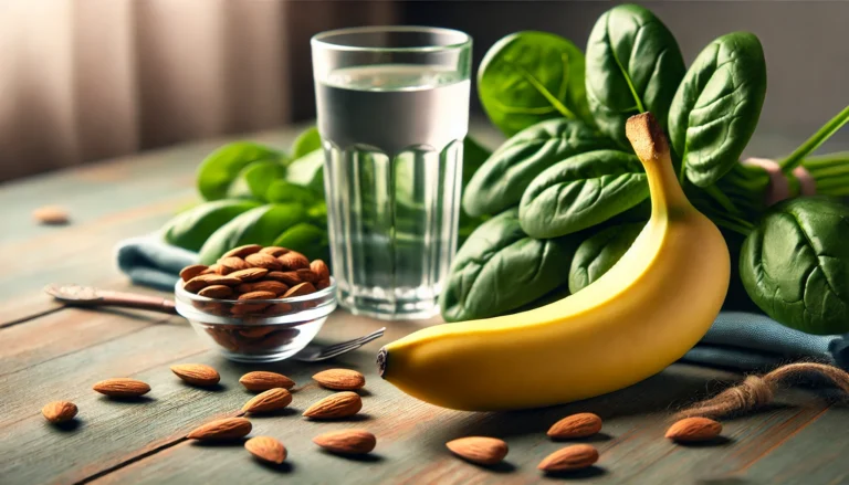 A high-resolution image of a ripe banana surrounded by spinach leaves, almonds, and a glass of water on a wooden surface, symbolizing essential nutrients for muscle recovery.