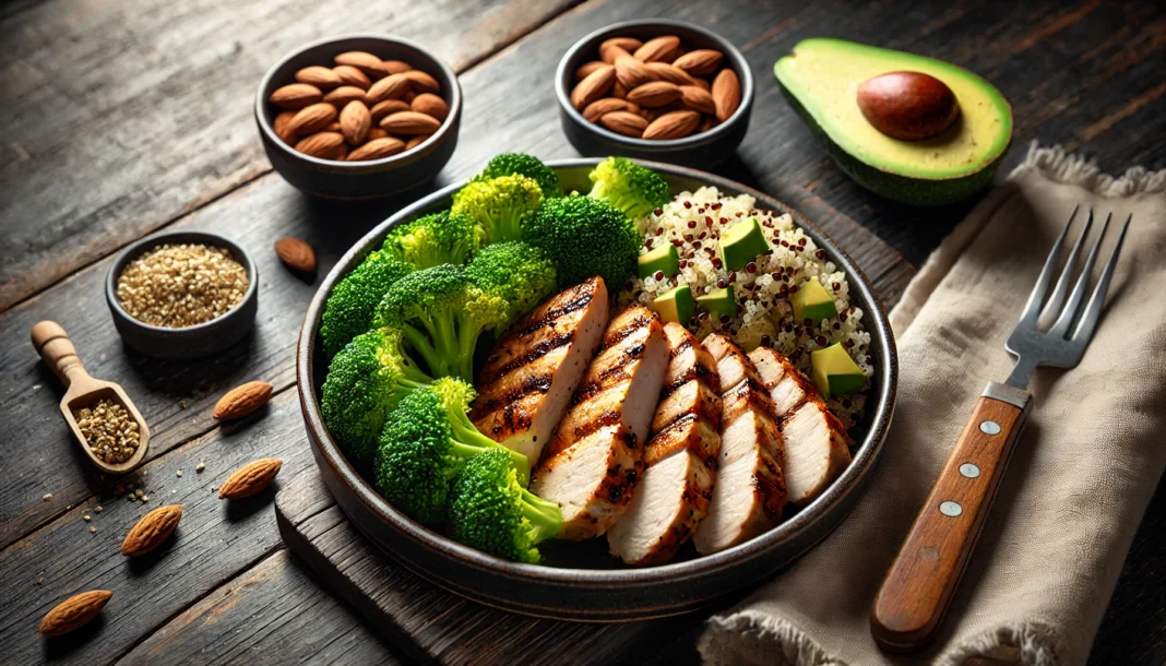 A high-protein muscle-building meal featuring grilled chicken breast, quinoa, and steamed broccoli, accompanied by avocado and almonds for healthy fats, presented on a dark wooden table with natural lighting.