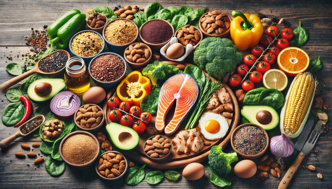 A variety of nutrient-dense foods, including lean proteins, complex carbohydrates, healthy fats, and fresh vegetables, arranged on a wooden table to represent optimal nutrition for strength training and muscle recovery.