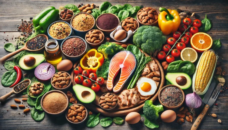 A variety of nutrient-dense foods, including lean proteins, complex carbohydrates, healthy fats, and fresh vegetables, arranged on a wooden table to represent optimal nutrition for strength training and muscle recovery.
