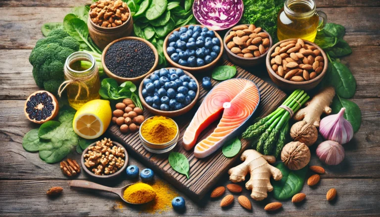 "A vibrant and fresh assortment of anti-inflammatory foods displayed on a rustic wooden table, featuring salmon fillets, blueberries, turmeric root, ginger, almonds, walnuts, spinach, and kale. These nutrient-rich foods support pain relief and athletic recovery through natural anti-inflammatory properties."