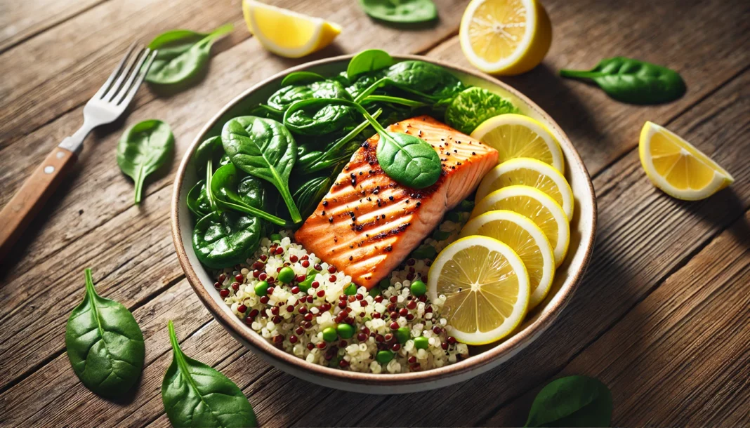 A nutritious meal for muscle recovery featuring grilled salmon, quinoa, and steamed spinach with lemon garnish, set on a rustic wooden table with natural lighting.