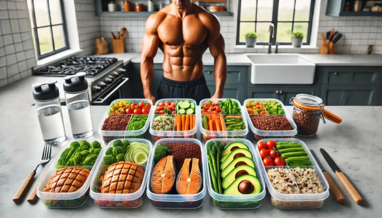 "A high-quality meal prep setup for muscle gain, featuring neatly arranged grilled chicken, salmon, quinoa, brown rice, steamed vegetables, and avocado slices in meal containers on a modern kitchen counter with natural lighting."