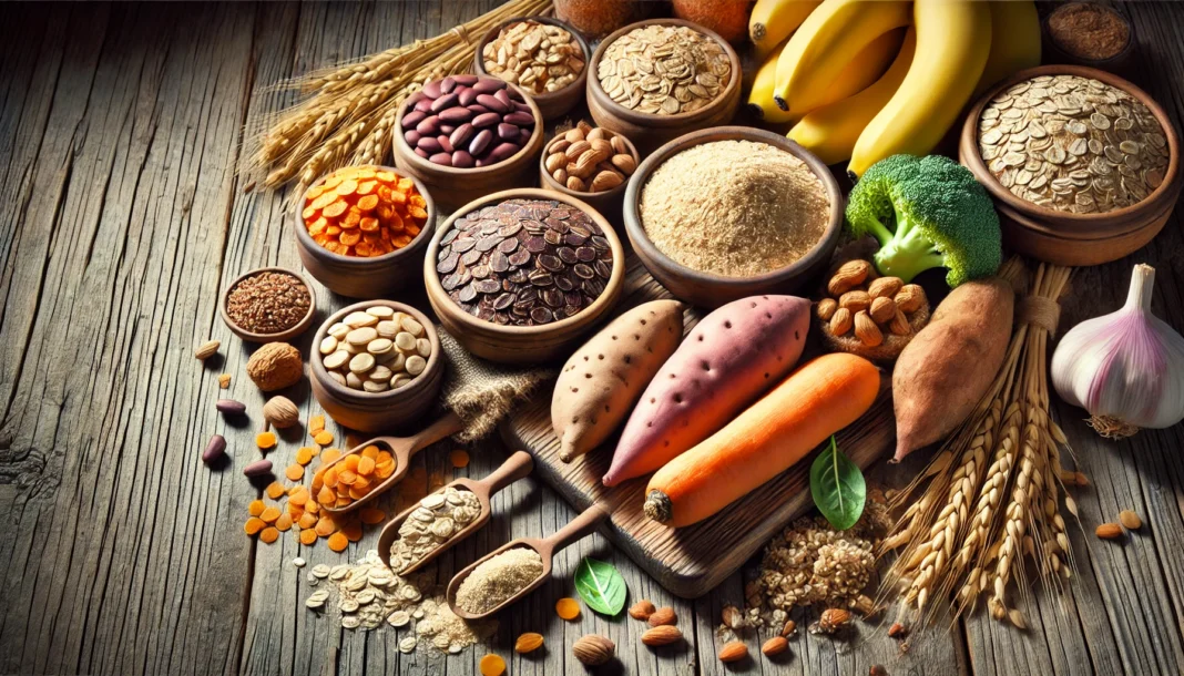 A variety of nutrient-dense carbohydrate sources for muscle growth, including oats, brown rice, quinoa, sweet potatoes, bananas, and legumes, arranged on a rustic wooden table with vibrant colors and natural textures.