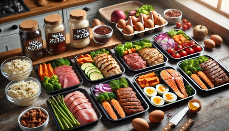 "A visually appealing meal prep layout featuring grilled chicken breast, salmon, lean beef, boiled eggs, quinoa, sweet potatoes, and fresh vegetables arranged in meal prep containers on a wooden kitchen counter with natural lighting."