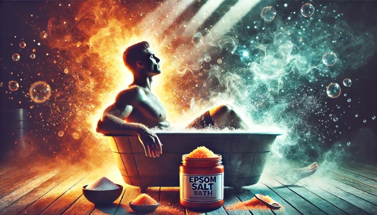"Athlete recovering in an Epsom salt bath, with warm steam rising, creating a soothing and spa-like atmosphere. Muscles appear relaxed, highlighting post-workout recovery and the benefits of magnesium-infused water."