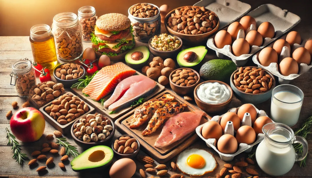 A variety of muscle-building foods, including grilled chicken, salmon, eggs, nuts, avocados, and Greek yogurt, arranged on a rustic wooden table, showcasing nutrient-rich options for muscle growth.