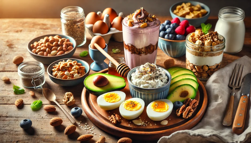 A variety of high-protein bodybuilding snacks on a wooden table, including Greek yogurt with nuts and honey, a protein smoothie, hard-boiled eggs with avocado, and cottage cheese with berries. Natural lighting highlights the vibrant textures and colors of the food.