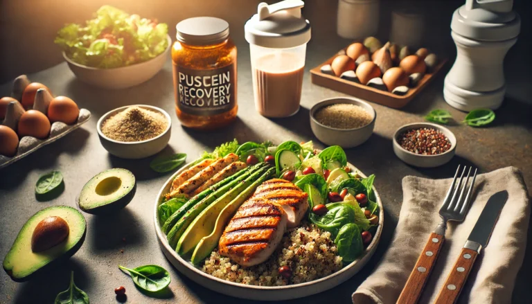 "A muscular athlete stretching on a yoga mat in a modern gym, surrounded by muscle recovery tools such as a foam roller, massage gun, and a protein shake. The warm, natural lighting highlights the importance of post-workout recovery and relaxation."