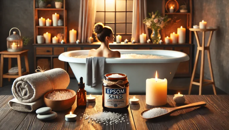 "A tranquil spa scene featuring an individual soaking in a warm Epsom salt bath for muscle pain relief. Soft candlelight, essential oils, and healing stones create a calming ambiance, emphasizing the therapeutic benefits of heat therapy and relaxation for faster muscle recovery."