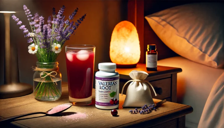 A nighttime setting with a glass of tart cherry juice, a lavender sachet, and a bottle of valerian root supplements on a wooden bedside table, softly illuminated by a Himalayan salt lamp, creating a calming atmosphere for muscle relaxation.