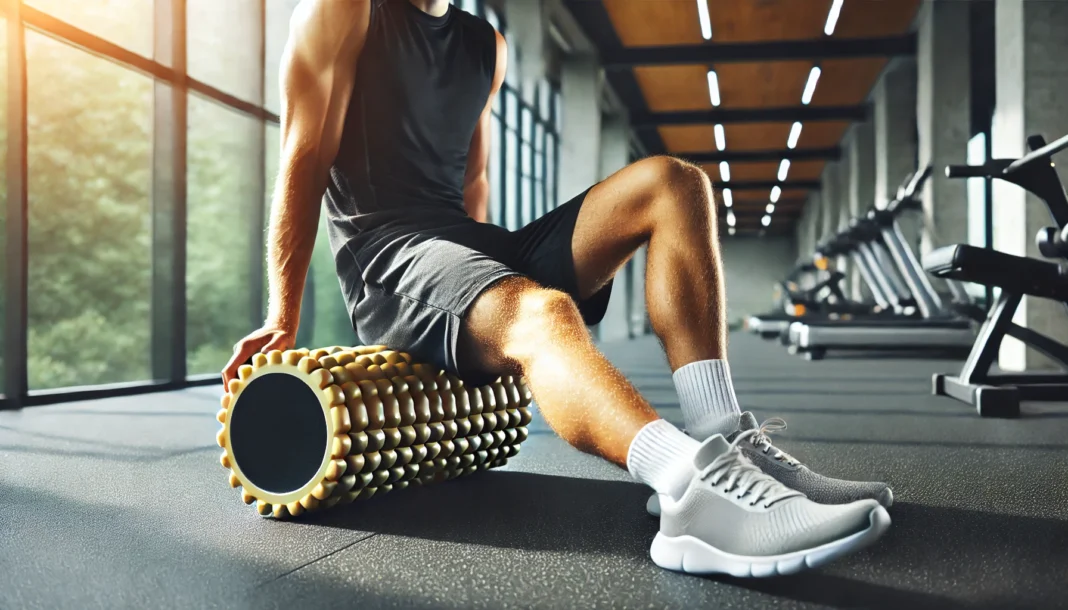A person in athletic wear using a foam roller on their legs in a modern gym. The bright and well-lit environment, with fitness equipment in the background, emphasizes post-workout muscle recovery and relief from soreness.