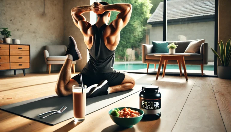 A muscular athlete drinking a protein shake in a modern gym, with natural lighting highlighting muscle definition and recovery. The gym environment includes weights and fitness equipment in the background, symbolizing post-workout muscle repair and nourishment.