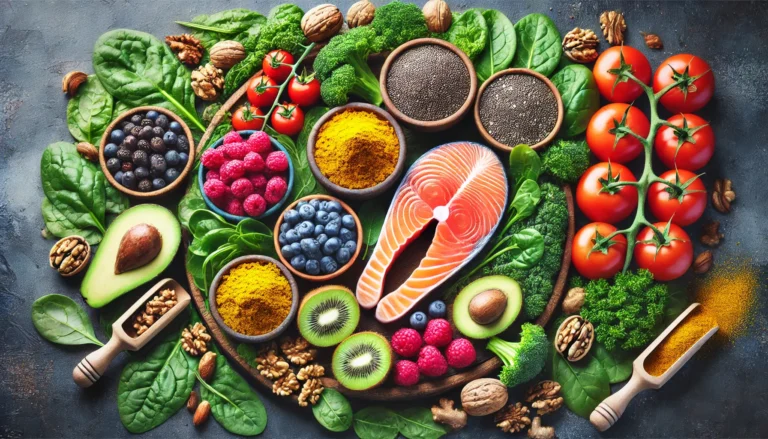 "A vibrant spread of nutrient-rich foods, including salmon, walnuts, chia seeds, leafy greens, berries, and turmeric, known for promoting joint health and reducing inflammation."