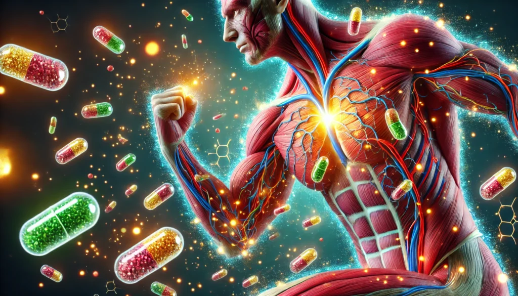The Best Supplements for Muscle Pain and Stiffness: Optimize Recovery and Performance Naturally 3 A close-up view of muscle tissue being nourished by microscopic nutrients, with glowing particles symbolizing essential vitamins and supplements aiding muscle recovery and regeneration.