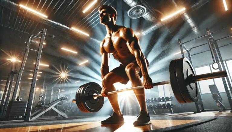"A muscular athlete performing an intense deadlift in a high-energy gym setting. The scene is illuminated with bright lights, showcasing well-defined muscles and a professional weightlifting environment."