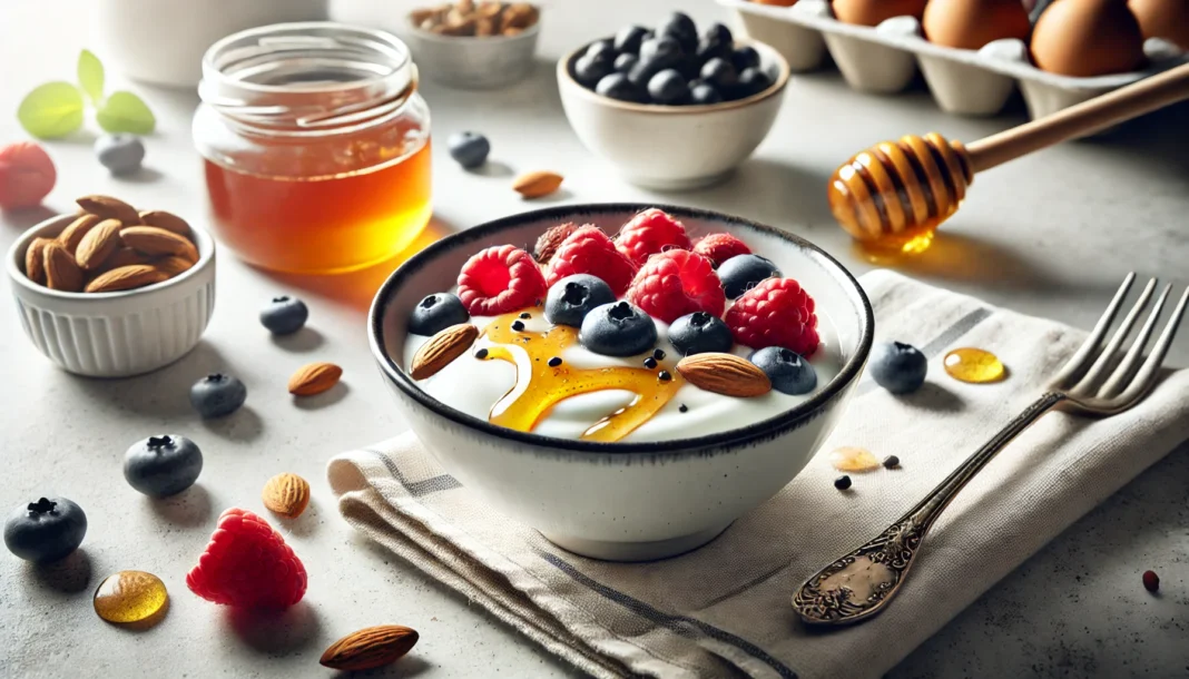 A nutritious pre-workout meal featuring Greek yogurt with fresh berries, honey drizzle, and almonds, set in a modern kitchen with natural lighting, emphasizing freshness and energy.