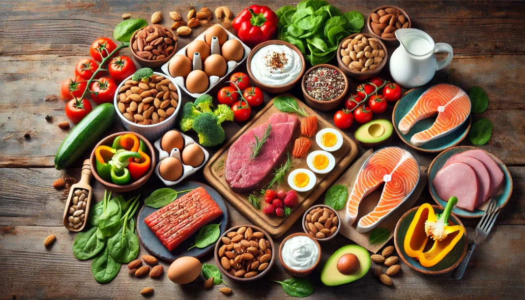 A high-resolution image of a variety of protein-rich foods, including grilled chicken, salmon fillet, lean beef, eggs, Greek yogurt, and mixed nuts, arranged on a wooden table with fresh vegetables.