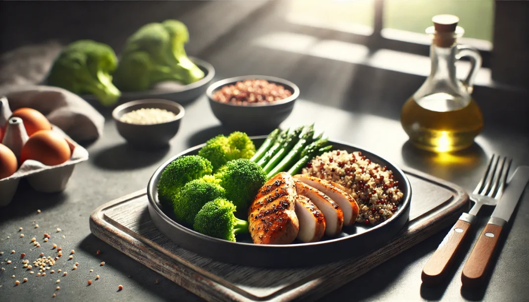 A well-balanced meal featuring grilled chicken breast, quinoa, and steamed broccoli, presented on a dark plate with natural lighting, emphasizing the textures and colors. The blurred background suggests a fitness-oriented kitchen setting.