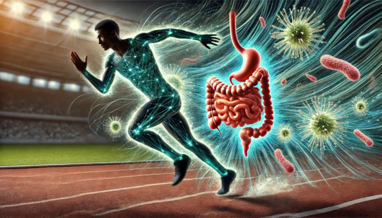 A sprinter in motion on a track, with an abstract, glowing representation of gut bacteria swirling around their midsection, symbolizing the connection between fiber, microbiome health, and athletic performance. The background features a dynamic blur, emphasizing speed, energy, and recovery.