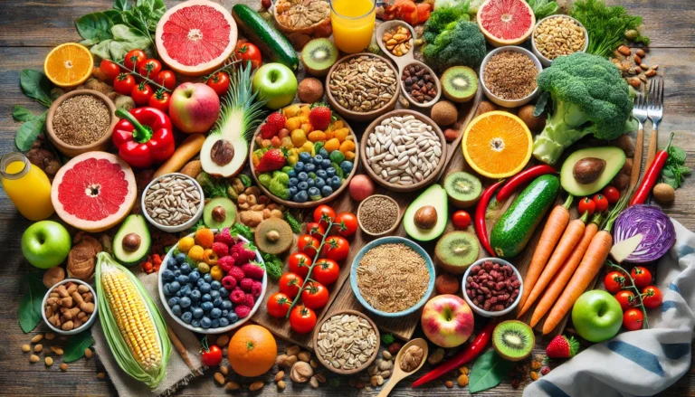 A vibrant assortment of fiber-rich foods for athletes, including fresh fruits, vegetables, legumes, and whole grains, artfully arranged on a rustic wooden table to highlight natural textures and colors.