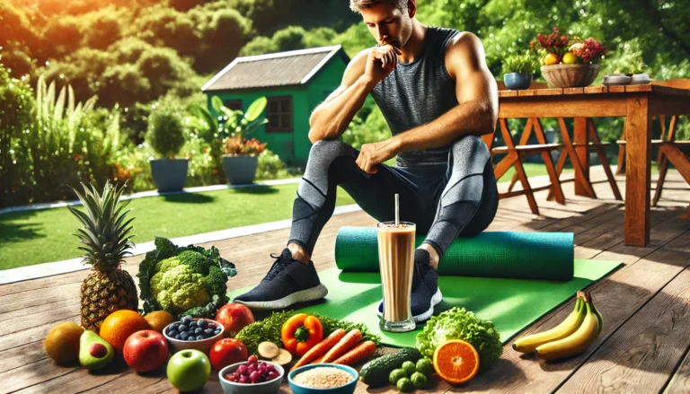 A high-performance athlete sits on a yoga mat outdoors, drinking a nutrient-rich smoothie, surrounded by fresh fruits, vegetables, and whole grains, emphasizing beneficial fiber’s role in muscle recovery and well-being.