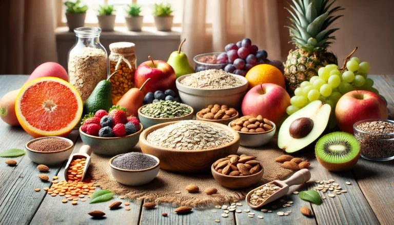 A visually appealing arrangement of fiber-rich foods, including oats, lentils, quinoa, chia seeds, almonds, and fresh fruits, on a wooden table in a well-lit, health-conscious setting.