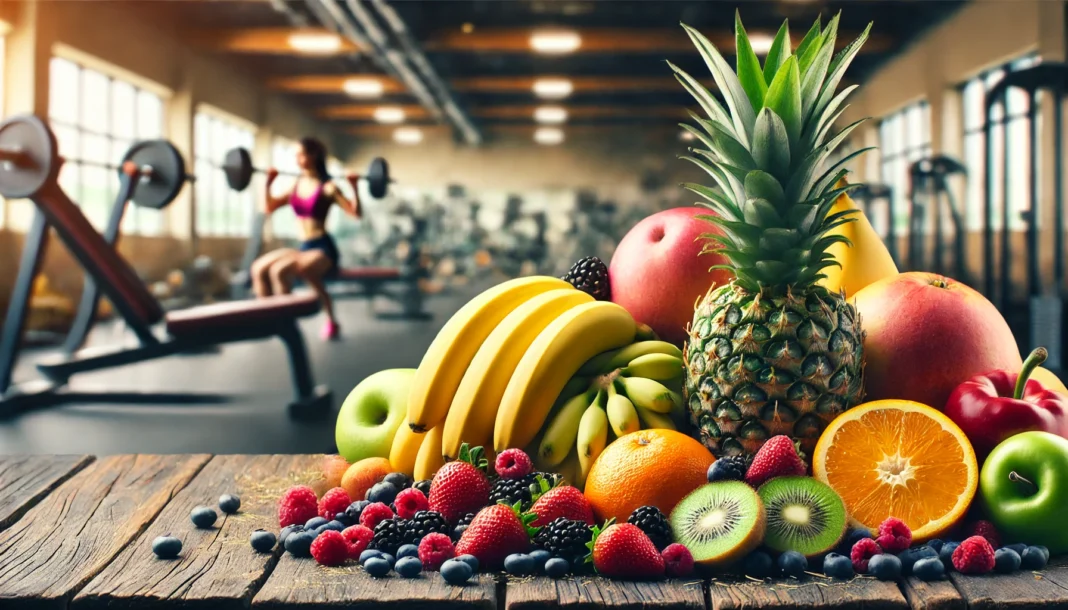 A vibrant assortment of muscle-boosting fruits, including bananas, berries, pineapples, and oranges, artfully arranged on a wooden table with a blurred gym in the background, symbolizing post-workout recovery.