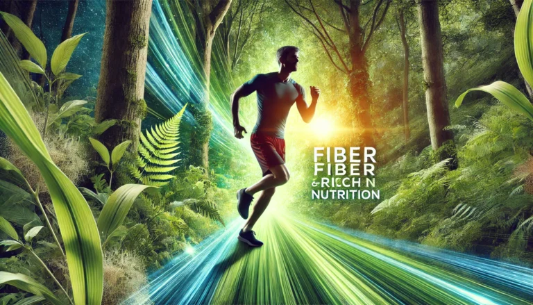 An athlete jogging through a lush forest trail, embodying endurance, rejuvenation, and the natural benefits of fiber-rich nutrition. The surrounding greenery enhances the sense of vitality and recovery.