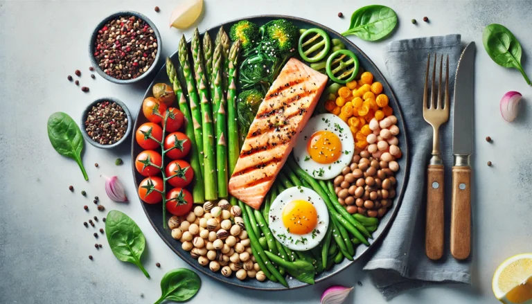 A visually appealing plate featuring lean protein sources such as grilled salmon, eggs, and legumes, paired with digestion-boosting vegetables like asparagus and spinach, designed for optimal post-workout nutrition.