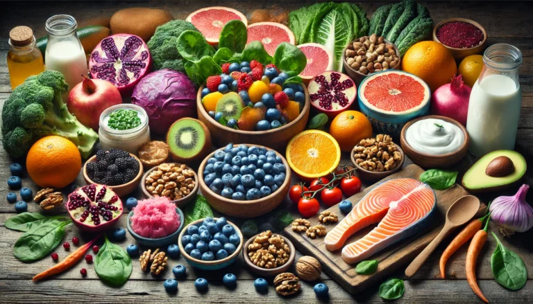 A vibrant display of fresh, anti-inflammatory foods, including colorful fruits, leafy greens, omega-3-rich salmon, walnuts, and probiotic-rich yogurt and kimchi, arranged on a rustic wooden table.