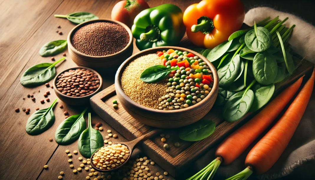 A high-fiber meal featuring a bowl of quinoa, lentils, and fresh vegetables on a wooden table, illuminated by natural light, symbolizing sustained energy and satiety.