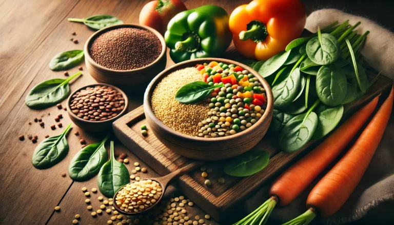 A high-fiber meal featuring a bowl of quinoa, lentils, and fresh vegetables on a wooden table, illuminated by natural light, symbolizing sustained energy and satiety.