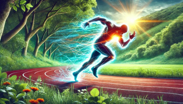 A dynamic image of an athlete mid-sprint on a track, surrounded by a glowing energy effect, symbolizing enhanced endurance and recovery through fiber-rich nutrition.