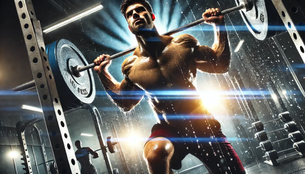 A muscular athlete lifting heavy weights in a high-energy gym environment, with sweat glistening under dramatic lighting, symbolizing power and endurance.