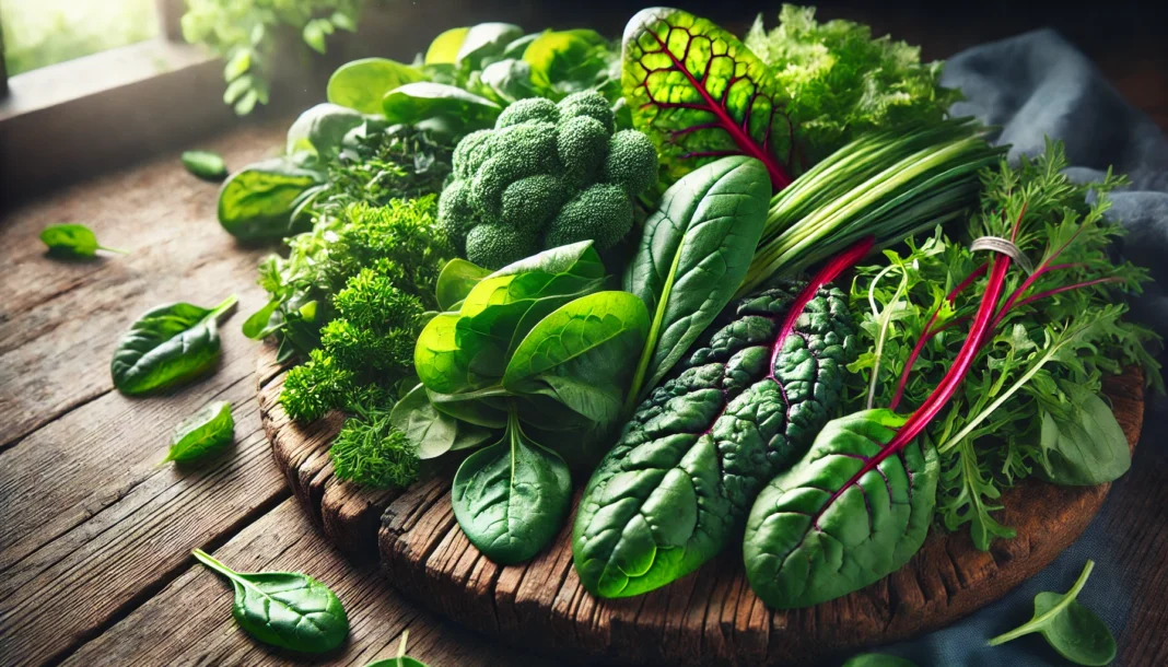 A vibrant display of nutrient-dense leafy greens, including spinach, kale, Swiss chard, and arugula, arranged on a rustic wooden surface with natural lighting, emphasizing freshness and vitality.