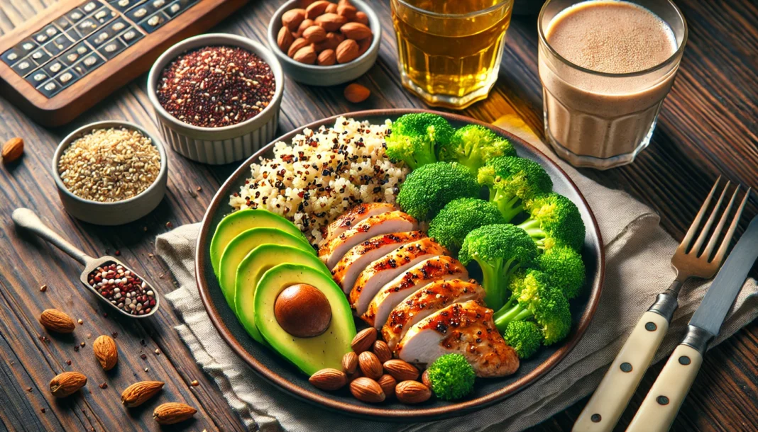 A high-protein meal for muscle gain featuring grilled chicken breast, quinoa, steamed broccoli, avocado slices, and a drizzle of olive oil. A protein shake and a bowl of mixed nuts accompany the meal, emphasizing a balanced diet for athletic recovery.