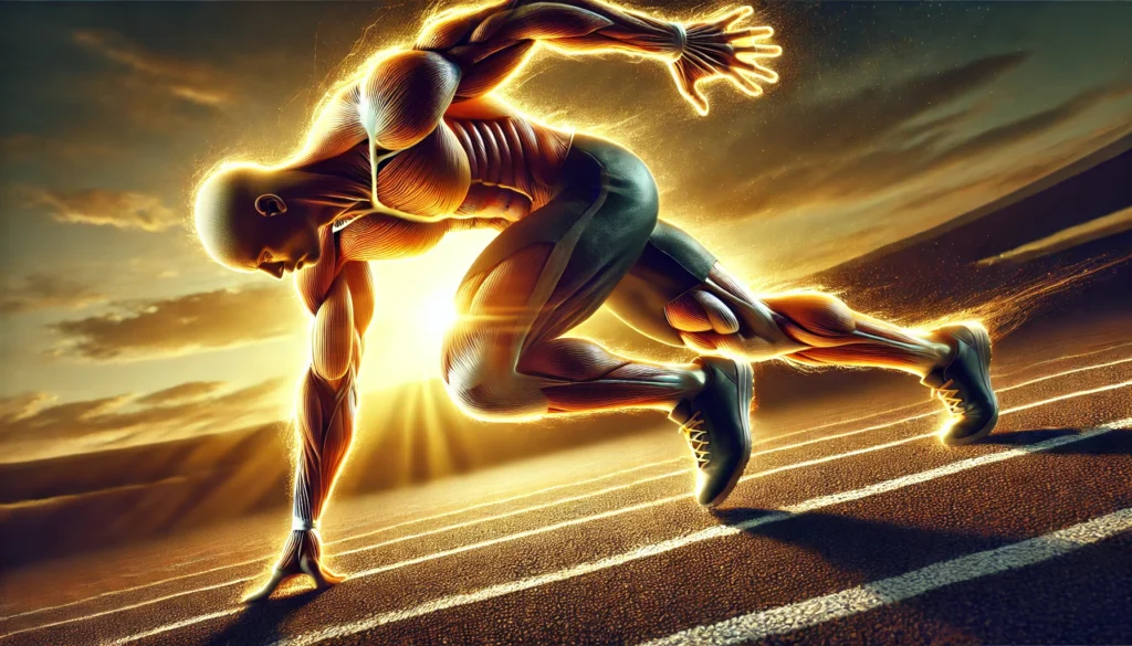 The Best Amino Acids for Muscle Growth and Recovery: Unlock Peak Performance and Faster Athletic Regeneration 1 "An athlete sprinting on a track at sunset, showcasing muscle strength, stamina, and the power of rapid athletic regeneration."
