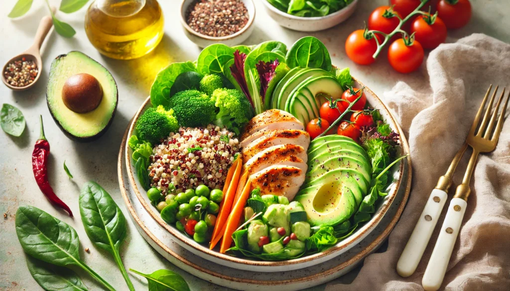 The Best Diet for Muscle Growth and Fat Loss: Optimize Your Nutrition for Peak Athletic Performance 1 "A vibrant and nutritious meal featuring quinoa, grilled chicken, avocado slices, mixed greens, and colorful vegetables, emphasizing a balanced diet for building muscle and burning fat."