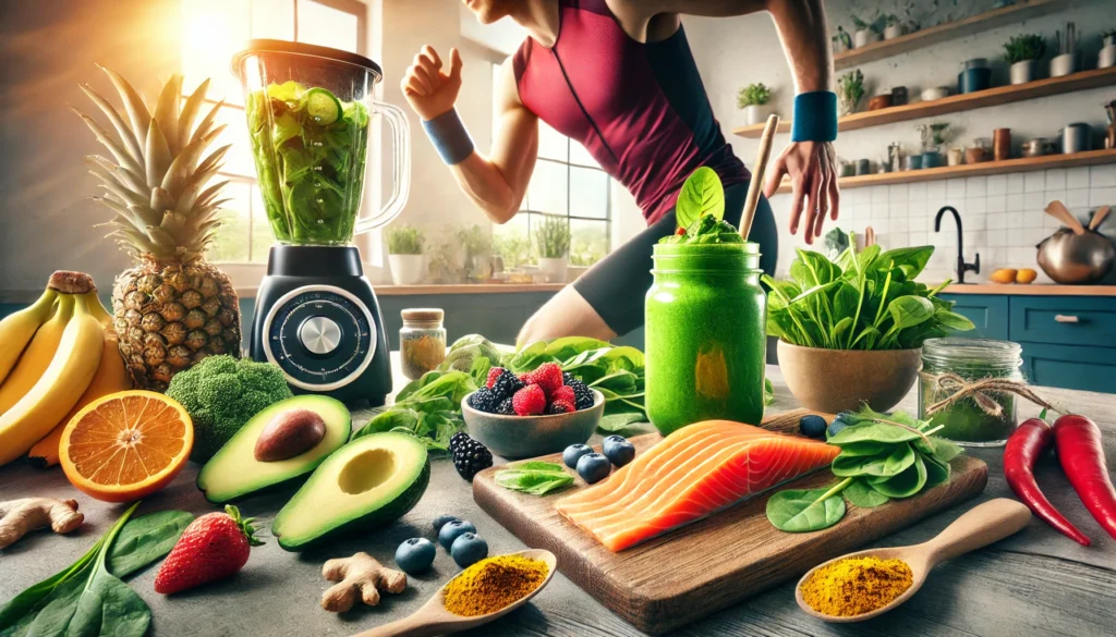 Best Foods to Fight Inflammation: Optimize Athletic Recovery & Performance Naturally 1 "An athlete preparing a nutrient-rich anti-inflammatory meal in a modern kitchen, featuring fresh ingredients such as salmon, avocados, berries, leafy greens, turmeric, and ginger, alongside a green smoothie blender."