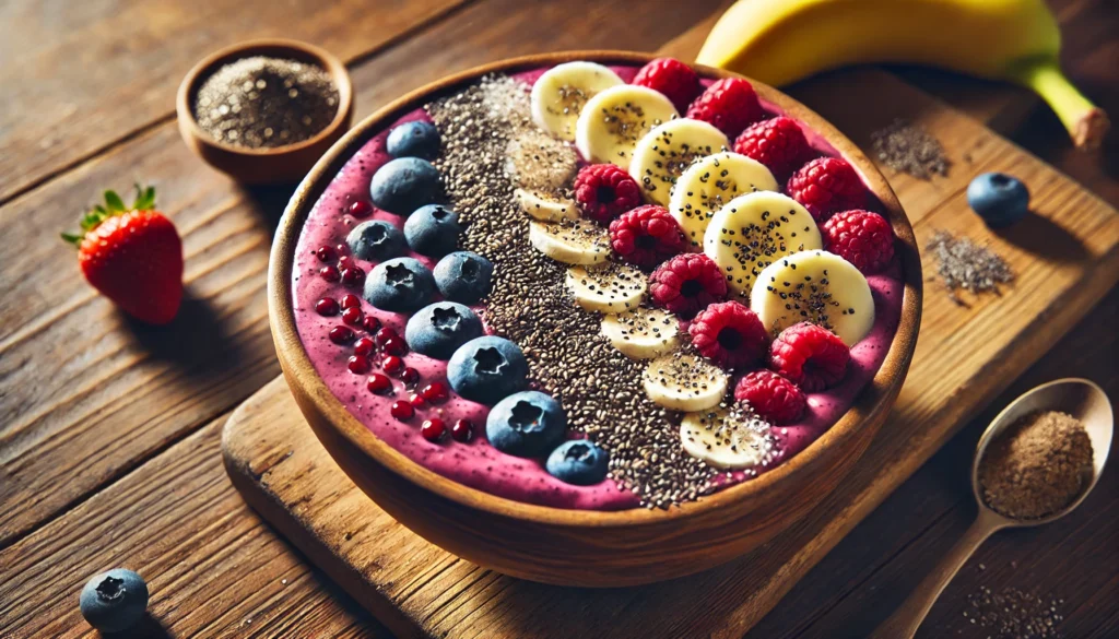 The Ultimate Muscle Building Diet Plan: What to Eat and When to Eat for Maximum Muscle Growth 1 A vibrant post-workout smoothie bowl made with blended berries, banana slices, chia seeds, and a scoop of protein powder, placed on a rustic wooden table under natural light.