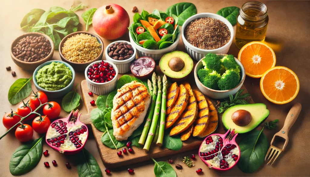 Super Healing Foods: The Best Nutrient-Rich Choices for Athletic Recovery & Regeneration 1 A colorful spread of super healing foods on a wooden cutting board, including grilled chicken, quinoa, roasted sweet potatoes, avocado, pomegranate seeds, and leafy greens, set in a bright and inviting environment to emphasize nutrient-dense choices for athletic recovery.