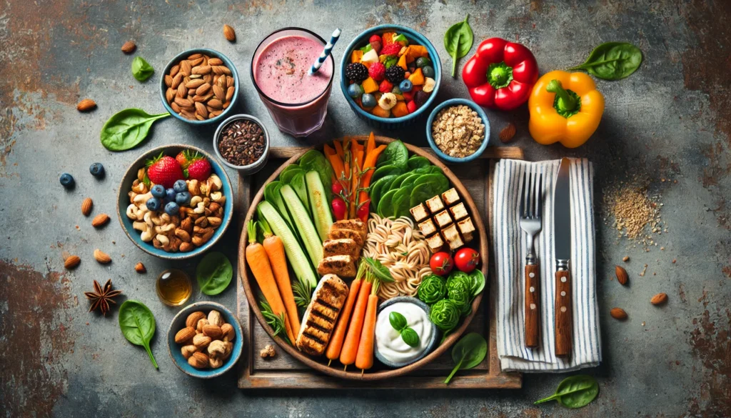 Optimizing Nutrition for Strength Training: The Best Foods to Fuel Performance and Recovery 1 A well-balanced pre-workout meal featuring grilled chicken, whole-grain pasta, colorful vegetables, mixed nuts, and a berry smoothie, carefully arranged on a rustic wooden table to illustrate energizing nutrition for strength training.