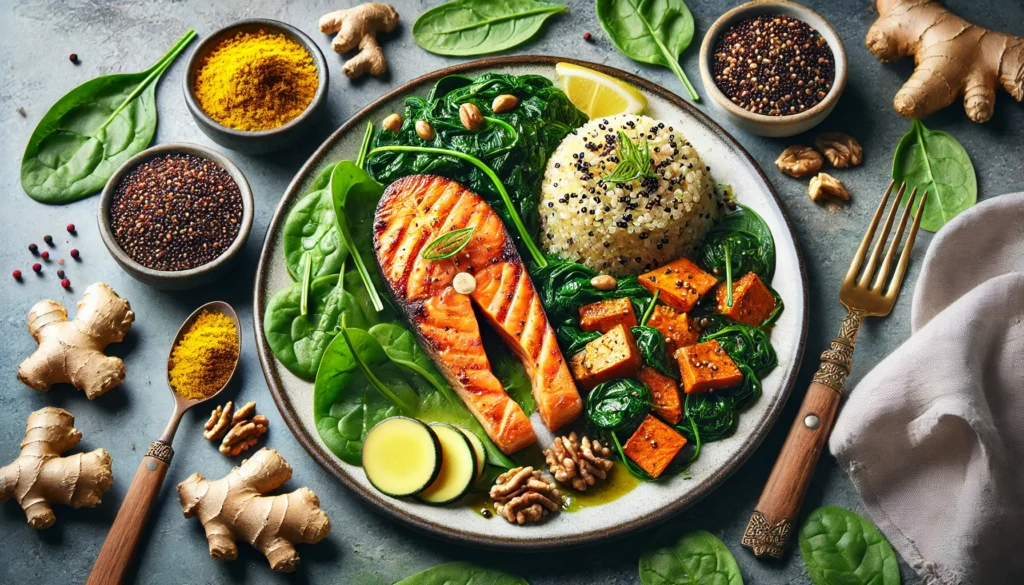 Top Foods That Help with Pain: Natural Nutrition for Athletic Recovery & Regeneration 1 "A beautifully plated meal designed for pain relief and athletic recovery, featuring grilled salmon, quinoa, sautéed spinach, and roasted turmeric-spiced sweet potatoes, garnished with fresh ginger and walnuts for an extra boost of anti-inflammatory benefits."