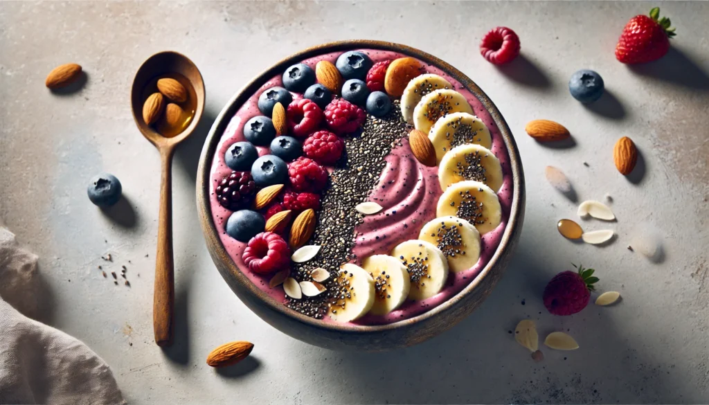 The Best Foods for Muscle Pain Relief: What to Eat and Drink for Faster Recovery 1 A vibrant smoothie bowl designed for muscle relaxation, made with blended berries, bananas, Greek yogurt, chia seeds, almonds, and a drizzle of honey.