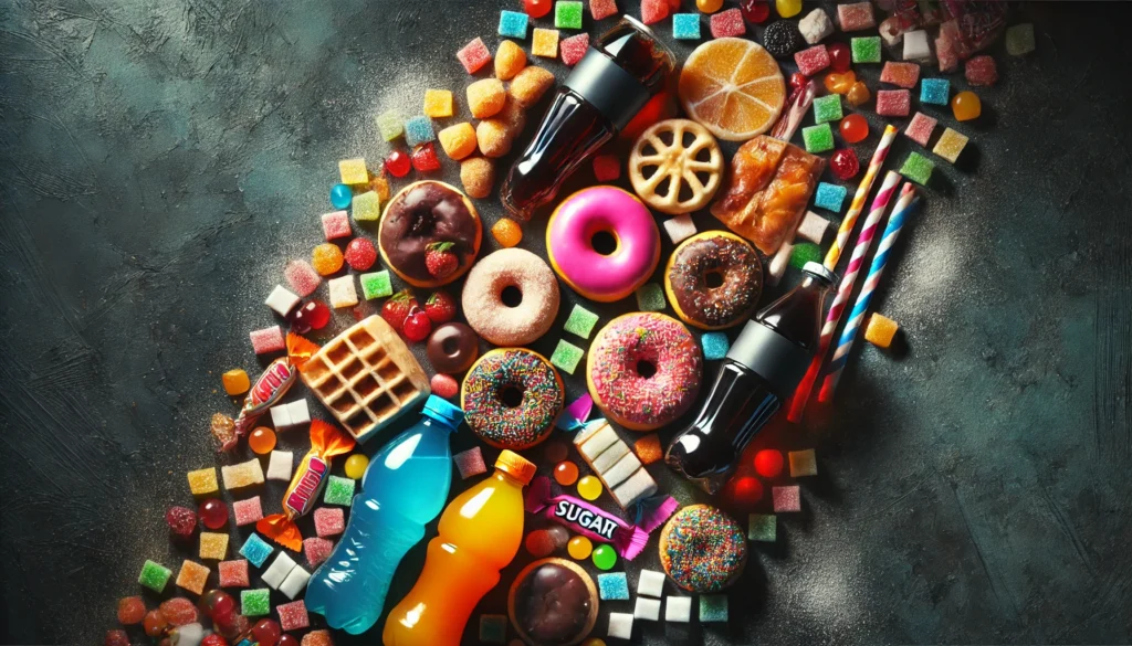 Top Foods to Avoid When Building Muscle for Optimal Athletic Recovery & Performance 1 "An assortment of sugary snacks, including donuts, candy, and soda bottles, arranged chaotically on a dark background, highlighting the negative effects of excessive sugar consumption on muscle recovery and athletic performance."