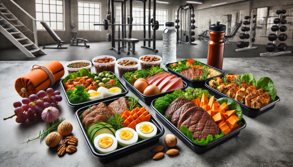 Best Meal Prep for Muscle Gain: Optimize Athletic Recovery & Regeneration with Smart Nutrition 2 "A visually appealing spread of protein-packed gym meals, including lean beef, grilled chicken, boiled eggs, and sweet potatoes, arranged in meal prep containers with fresh herbs and nuts, set against a fitness-themed background."